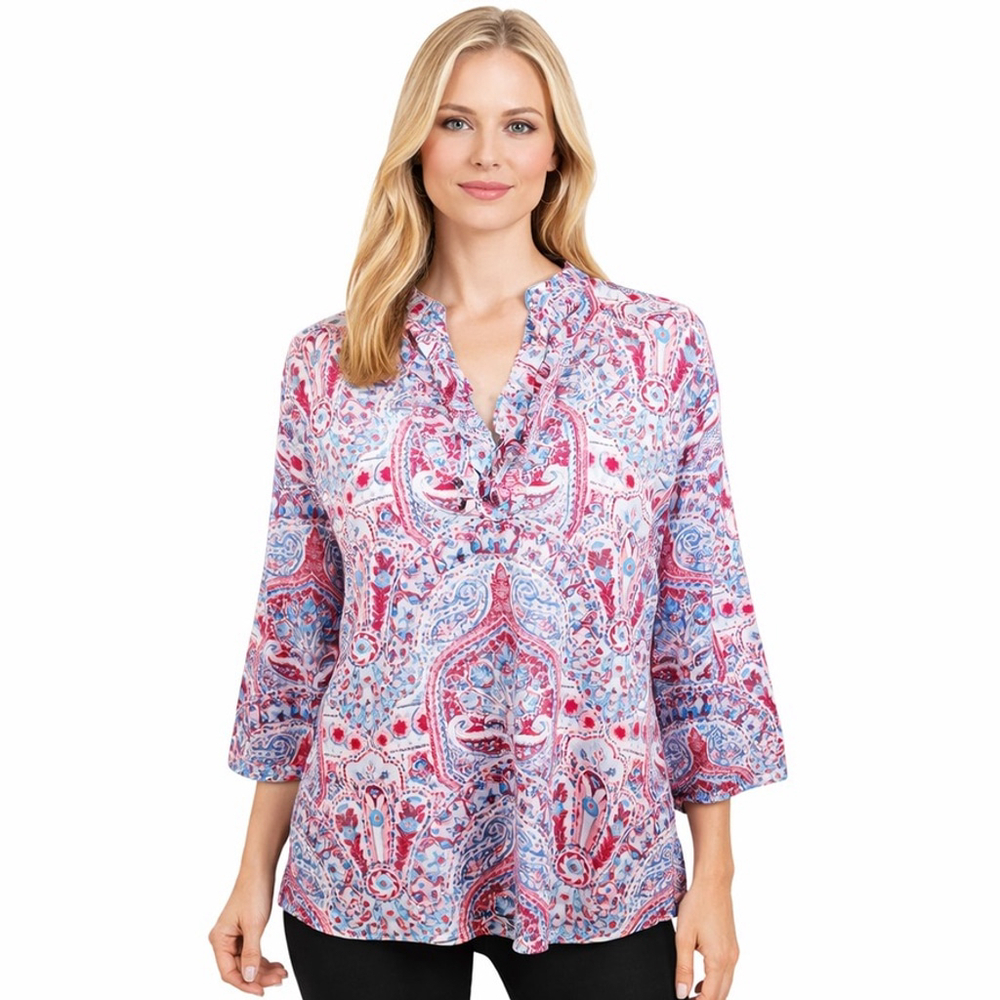 Talbots Mediterranean Watercolor Paisley Tunic Top Red White Blue Boho Size XL